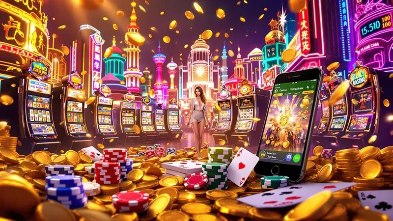 Layar video slot dengan reel, ikon bonus, dan latar animasi